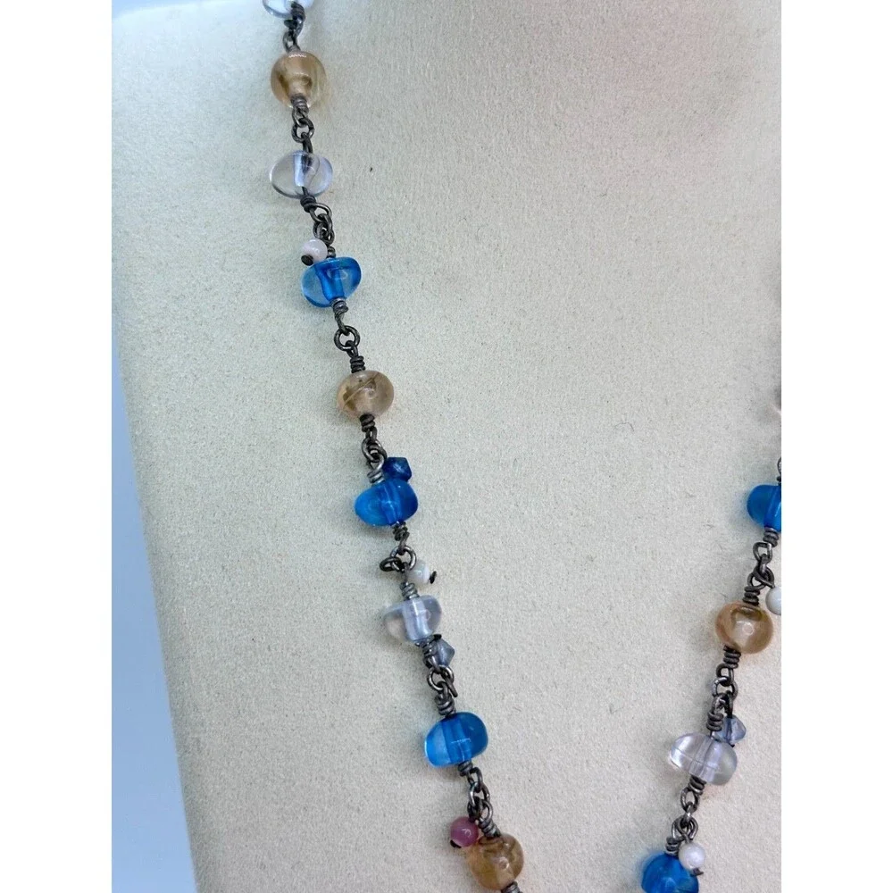 Vintage Monet Quartz Pendant Pastel Beaded Necklace Blue Peach